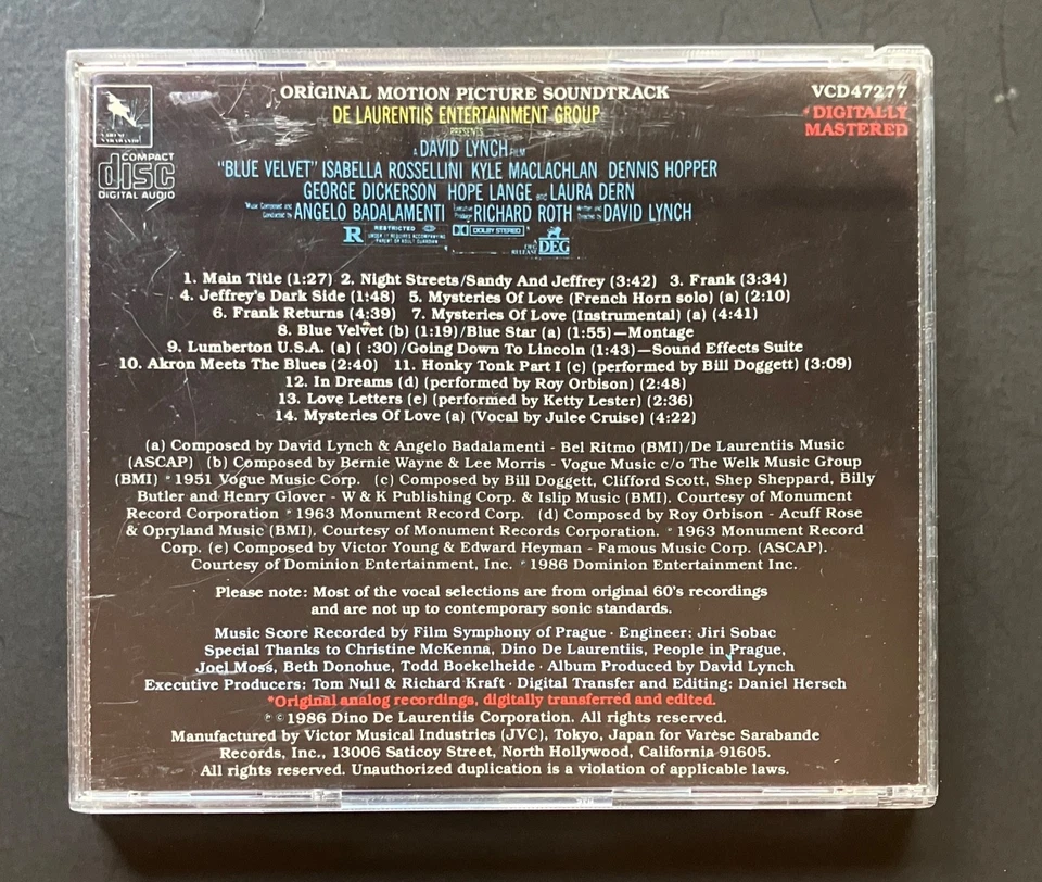 BLUE VELVET Soundtrack CD (Verese Sarabande 1986) David Lynch Angelo Badalamenti - Image 2 of 4