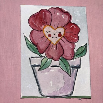 ACEO Original Flower Star Face Art Whimsical Floral Mini Painting 92designco