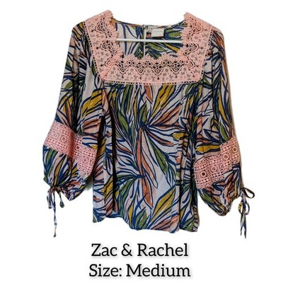 Zac & Rachel Floral Multicolor Lace Square Neck 3/4 Sleeve Blouse M Regular