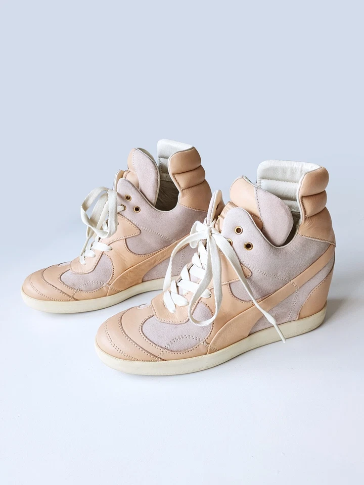 ALEXANDER MCQUEEN X PUMA Pink & Tan 'Ofeya' High Top Wedge Heel Trainers, UK 4 - Image 2 of 4