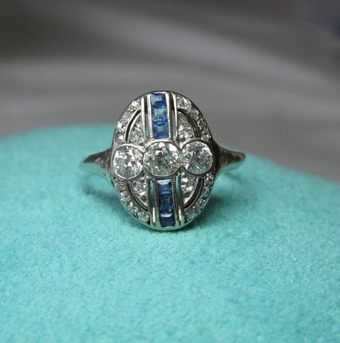 Art Déco Zaffiro Omc Anello Diamante Matrimonio Fidanzamento 14K Oro Bianco - Foto 3 di 12