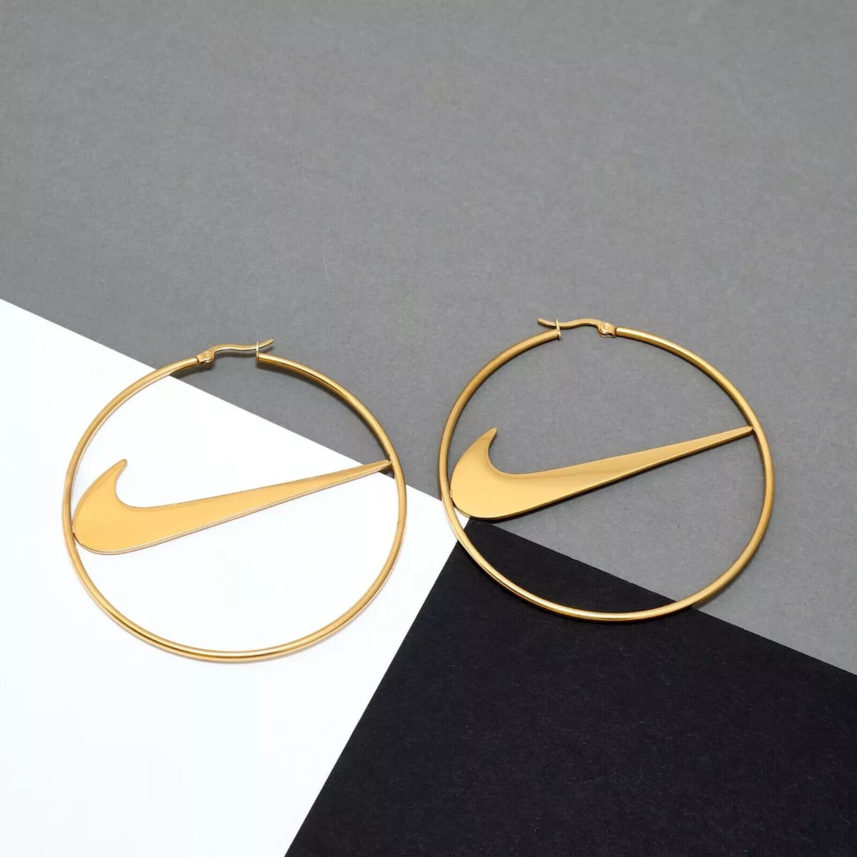 Nike Swoosh Gold Plated Metal Hoops Clasp Earrings Pair For Women Hoop