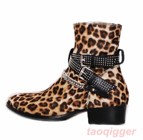 Cadena De Metal Para Hombre Cuero Oveja Puntera Puntiaguda Leopardo Botín  Hebilla Chelsea Zapatos | eBay