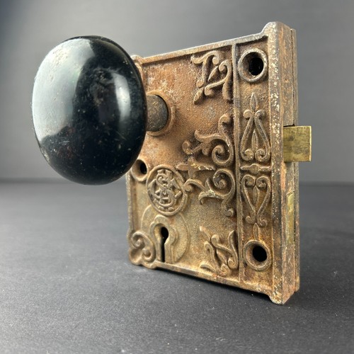 Antikes verziertes Türschloss Set Einsteckschloss Gusseisen schwarzer Griff Simmons Beschläge - Bild 1 von 8