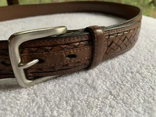 Cabelas Belt Men 40” EDC Brown Leather Woven Basket Weave Inlay Stainless Buckle