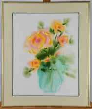 BRIGHT FLOWERS IN VASE STILL LIFE ORIGINAL BABETTE EDDLESTON WATERCOLOR PAINTING