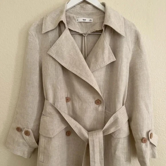 MANGO PURE LINEN LAPEL COLLAR DOUBLE BREASTED TRENCH WITH BELT