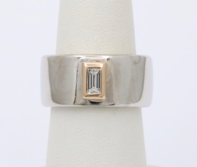 Funky 18K Gold Step Cut Baguette Diamond Wide Cigar Band, Stacking Ring.