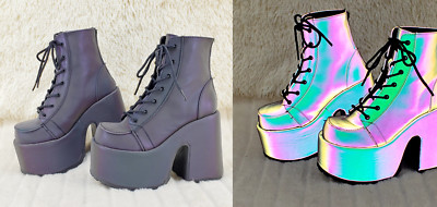DEMONIA Camel 203 Purple Green Reflective Platform Goth Punk Ankle Boots NY
