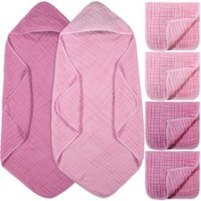 6 Pcs Baby Muslin Hooded Bath Towels and Washcloths, 32 x 32 Inch Muslin Cott...