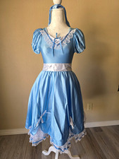 Blue Satin Girls Large Dance Costume Dress w/ Puff Sleeves, White Lace Trim
