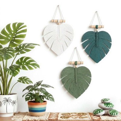 3 Pcs Monstera Leaves Macrame Wall Hanging Handmade Bohemian Sage Green Large...