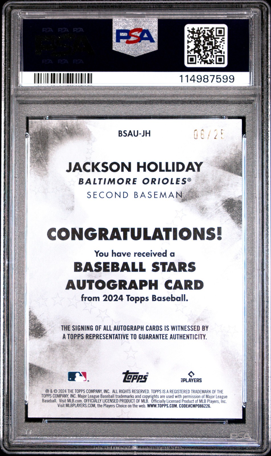 2024 TOPPS BASEBALL STARS AUTO UPDATE-RED #JH JACKSON HOLLIDAY ROOKIE /25 PSA 9 view 2