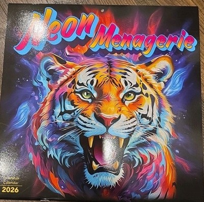Neon Animal 2026 Wall Calendar Artwork Zebra Tiger Buffalo Bear Peacock Giraffe