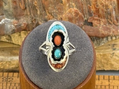 Vintage Navajo Signed (Singer?) Shadowbox Turquoise Coral Ring sz 6.5--1596.26
