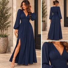 SHEIN Medium Navy Blue Surplice V Neck Ruched Waist Slit Maxi Dress