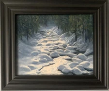 Frozen River winter landscape oil painting by living artist. 8x10