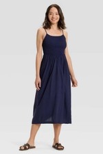 A New Day Women's Size M Smocked V-Waist Midi Dress Blue Adjustable Strap NWT