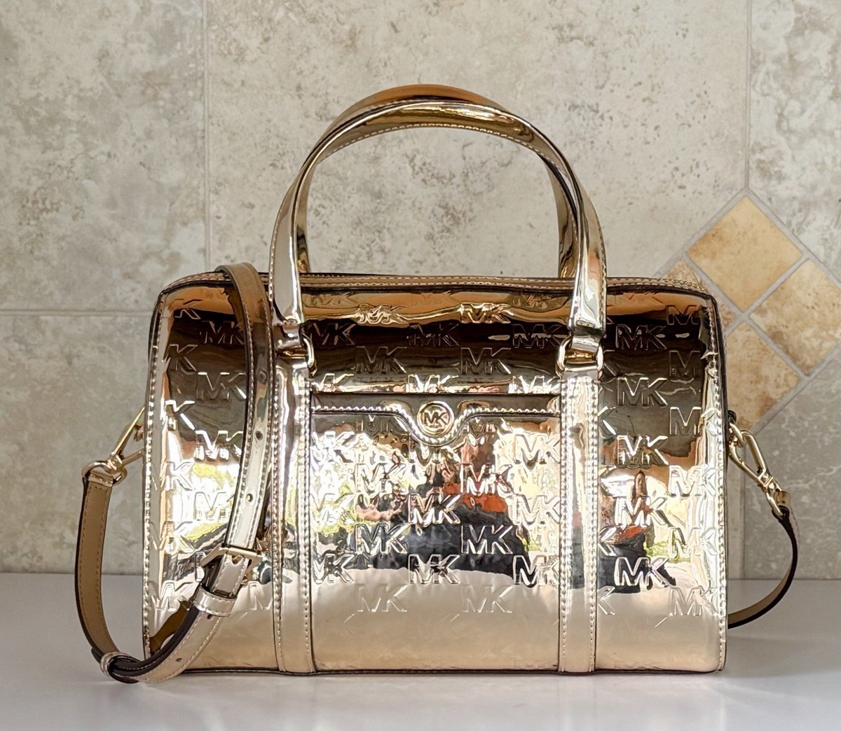 Michael Kors Travel Medium Satchel Shoulder Duffle Bag MK Mirror