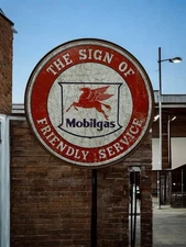 Mobil Service Gasoline Round Tin Metal Sign Bar Garage Gas and Oil Ad round