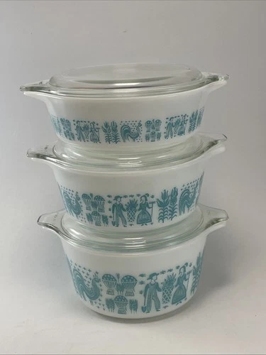 Vintage PYREX Amish Butterprint Turquoise Casserole Dishes w Lids 6pc Set!