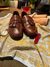 CLEANED CONDITIONED TASSEL  JOHNSTON & MURPHY BROWN LEATHER LOAFERS MENS 8.5 W