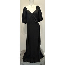 ASOS DESIGN Curve Pleated Puff Sleeve Wrap Front Maxi Dress Black Plus Size 18