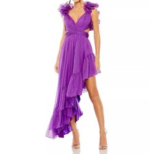 NWT Mac Duggal Womens Purple Chiffon Ruffle Tiered Cut-Out High-Low Gown Size 12