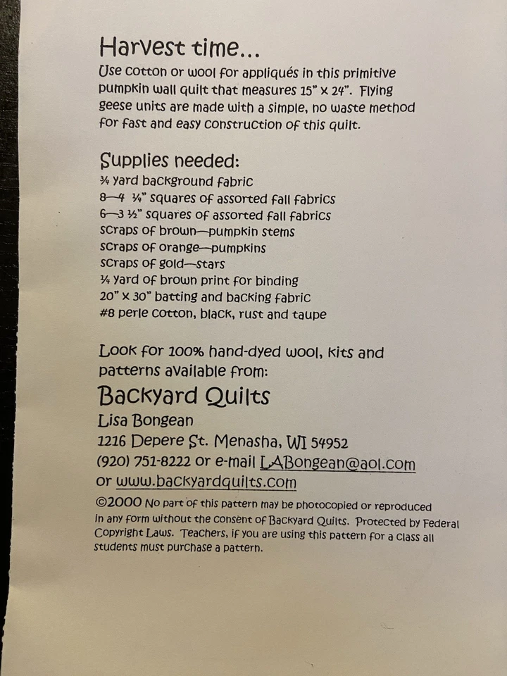 Harvest Time Kit By Backyard quilts. Very early Lisa Bongean Kit 2000 - Image 2 of 4