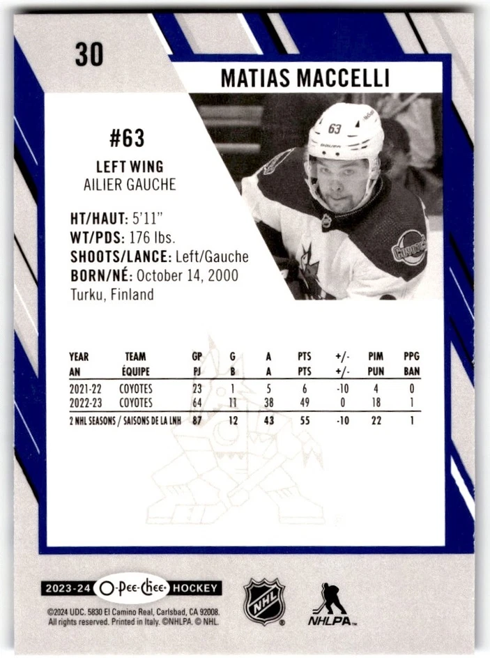 Matias Maccelli 2023-24 O-Pee-Chee Blue Border #30 Arizona Coyotes - Image 2 of 2