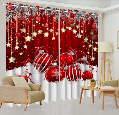 Winter Red Christmas Ball 3D Blackout Curtain 2 Panels Drapes Window Curtains - Picture 3 of 11