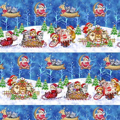 Feline Drive Fabric KITTEN CHRISTMAS Cat Border Stripe Sold by the Yard
