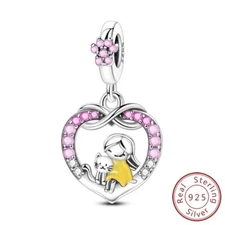 MULA 925 Sterling Silver DIY Charm Pink CZ Love Cat Forever For Women Bracelet