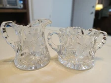 Vintage American Brilliant Cut Glass Cream & Suger Bowl 5-Petal Flower Leaf Patt
