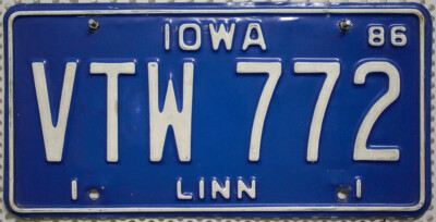 Iowa Nummernschild USA Kennzeichen 1986 Schild LINN County License Plate VTW 772