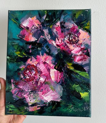 Ölgemälde Abstrakt Blumen Rosa Rosen Floral Kunstwerk Handgemalt 10'' x 8''