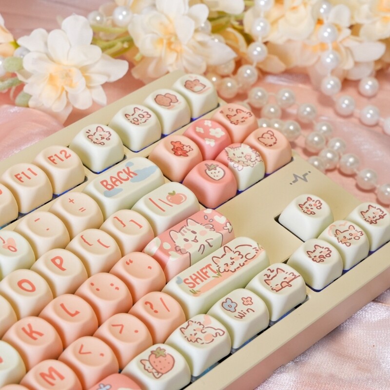 Mechanical Keyboard Keycaps 132Keys PBT Material MOA Colorful Strawberry Kitten