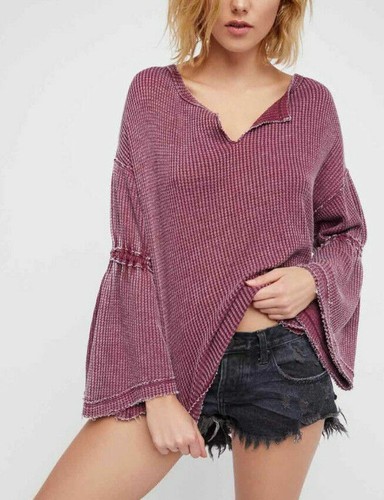 Free People Womens Top S Red Burgundy Dahlia Thermal Long Bell Sleeves Boho