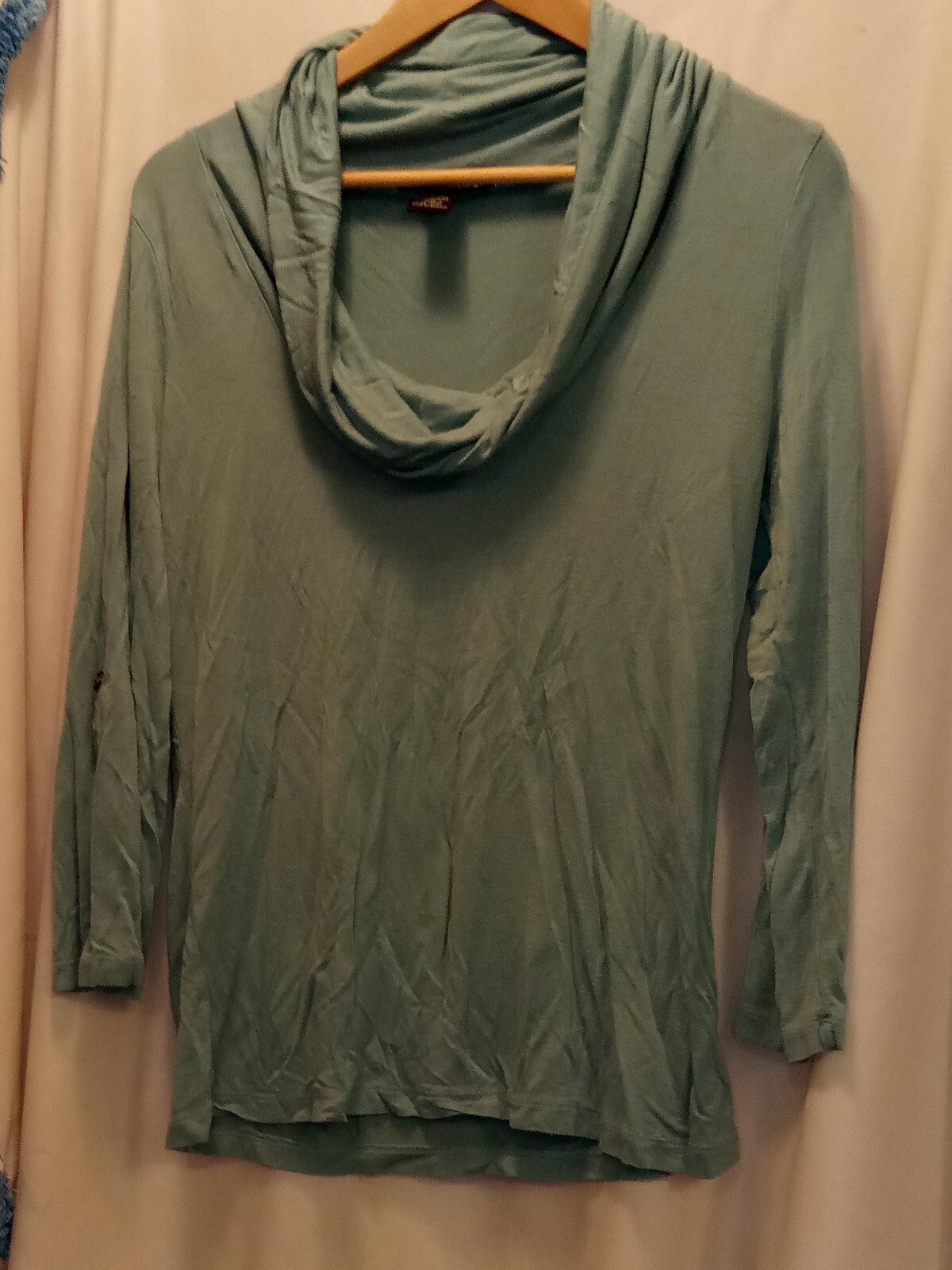 Women's Medium Blue-Green Rayon Blend 3/4 Sleeve Polo Neck Blouse