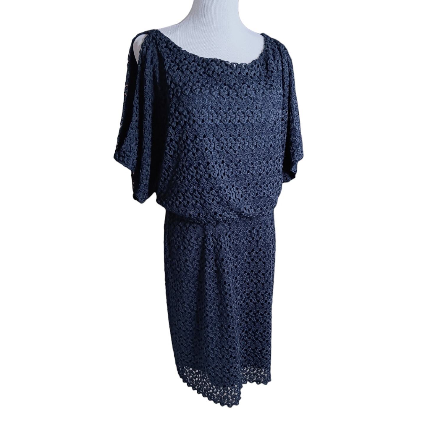 JESSICA HOWARD Dress Size 14 Crochet Overlay Elastic Waist Cold Shoulder Blouson