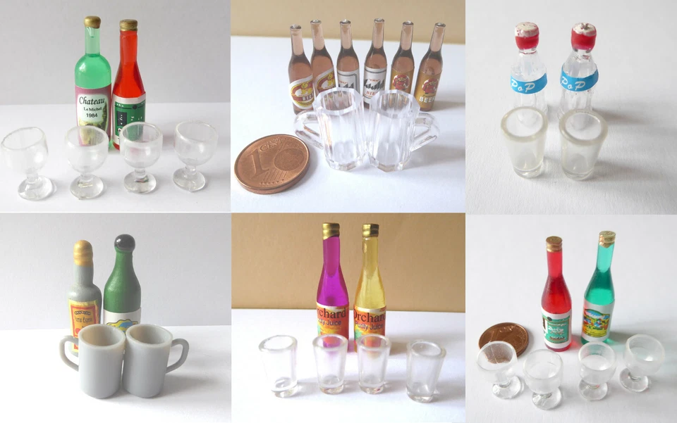 Wein Bier Limonade Gläser Flasche Weinglas Krug Wasser Puppenstube Miniatur 1:12