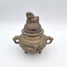 Incense Burner Mytical Foo Dog Lion Lid With Peacocks On The Side And Handle