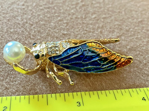 2" Scarab Beetle Pin Brooch Blue Orange Enamel Gold Tone Rhinestones Faux Pearl