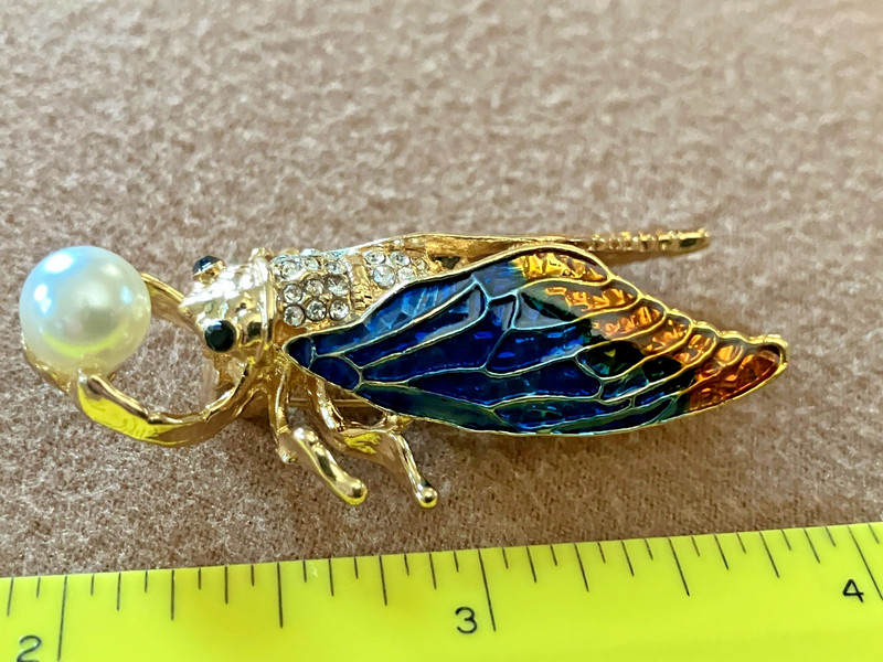 2" Scarab Beetle Pin Brooch Blue Orange Enamel Gold Tone Rhinestones Faux Pearl