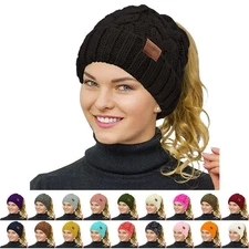 Rosoz Ponytail Beanie for Women,Winter Warm Beanie Tail Soft Stretch Cable Kn...