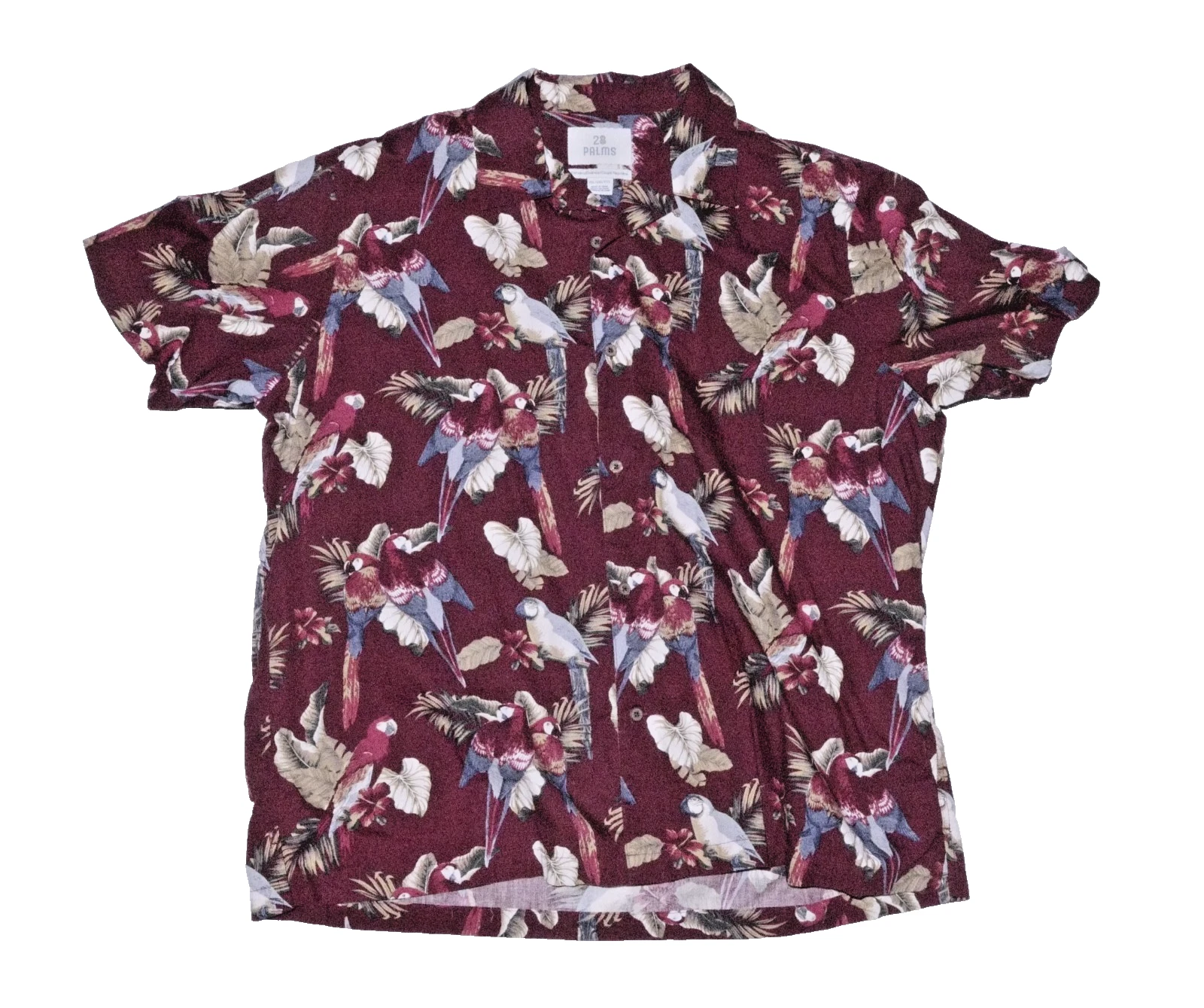 Men’s 28 Palms Tropical Parrot Shirt Burgundy Hawaiian Large
