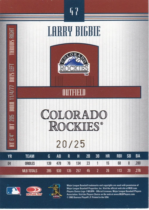 2005 Donruss Signature Century Proofs Gold #47 Larry Bigbie /25 - NM - Image 2 of 2