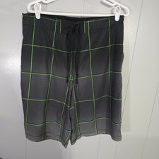 OP Board Shorts Mens Medium Black Neon Green Grid Stripe Swim Trunks OM27221Y
