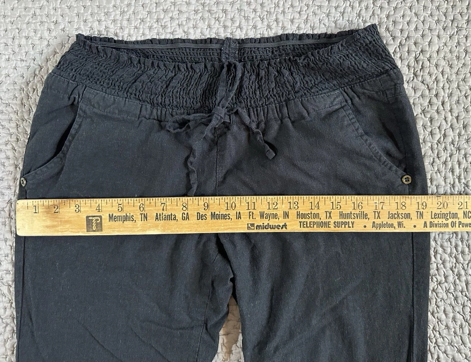 Pantalones de lino para mujer M cintura ajustada pierna ancha Love Tree Resort dinero antiguo negros Foto 3 de 4