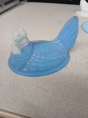 Vintage Westmoreland Hen on Nest Blue & White Milk Slag Glass LID ONLY JA 389